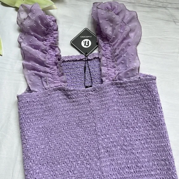 NWT FARORO Bodycon Casual Puff Sleeve Smocked Midi Dress - Picture 9 of 10